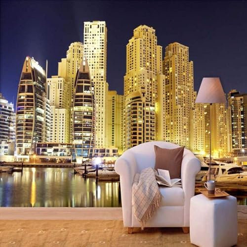 Gold City Buildings River Boat Night View 3D Wallpaper Feature Office Living Room Sofa Bedroom TV Background Wall Decoration-430cm×300cm