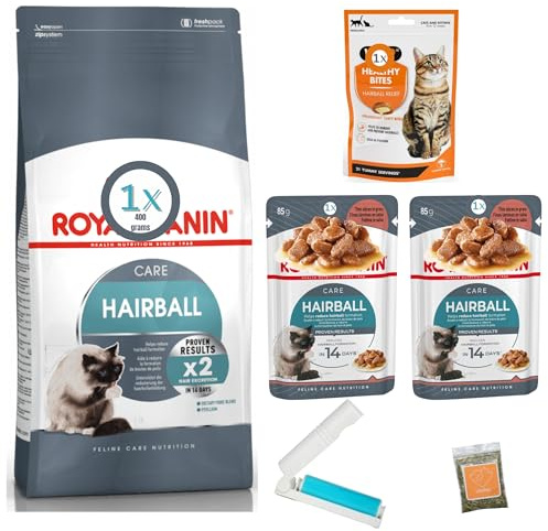 Hairball Care Cat Food Bundle with R.Canin Dry 400 gram and Wet, Gravy 85 gram x2 and Hairball Treats 65 gram plus UbiPet Catnip and a Lint Roller