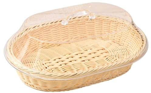 Paniers à pain pour le service, panier à pain avec couvercle transparent 14x10x5.5 Panier tissé en plastique ovale pour la ferme, le café, la cuisine, les fruits, la portion de nourriture, les fruits
