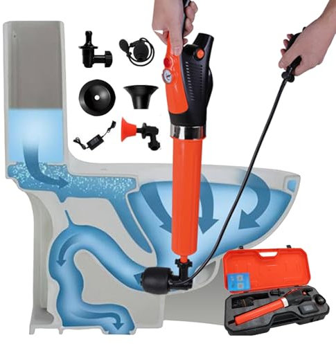QIeCny Pistola Elettrica per WC, Sturalavandini, Tensione Visiva (6 Bar), Sblocco Rapido / 20 Secondi, Plug And Play + 4 Testine Sostituibili, per Diversi Tipi di Tubi,Orange