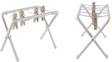 Orivin Wäscheständer aus weißem Metall für Puppenhäuser mit 4 Holzklammern, handgefertigtes Miniatur-Wäscheset im Maßstab 1:12 für Puppenhäuser