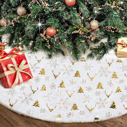 LUMIN TUTU Weihnachtsbaumdecke Rund, 122 cm Weihnachtsbaum Teppich Gold, Premium Christbaumdecke mit Goldenen Schneeflocken, für Tannenbaum Deko & Festliche Weihnachtsfeier