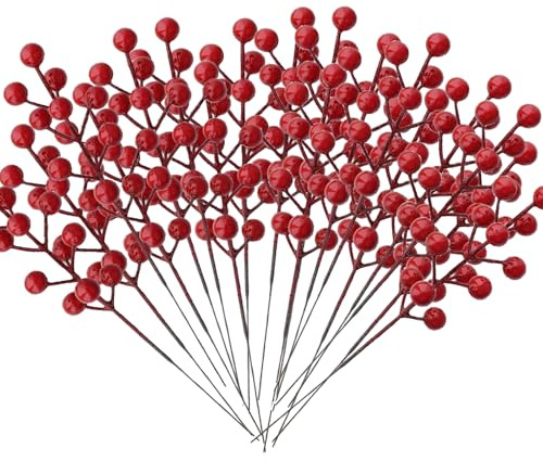 ONEINHE Paquete de 24 bayas rojas de Navidad, tallos artificiales de bayas rojas de 22 cm, bayas de acebo para decoración de árbol de Navidad, coronas de Navidad, boda, festividades, decoración del