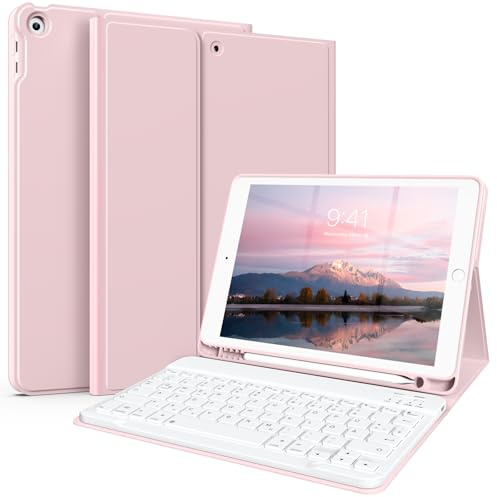SZPSGC Funda con teclado para iPad de 10,2 pulgadas (9/8/7ª generación-2021/2020/2019), carcasa trasera de TPU suave con soporte para lápiz, teclado magnético extraíble con disposición QWERTZ, rosa