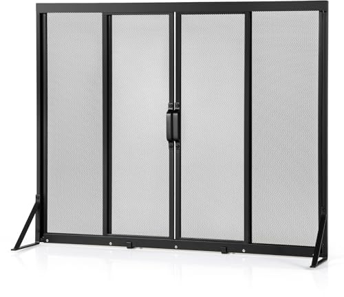 COSTWAY Pare Feu Cheminée avec Portes Coulissantes, Écran de Cheminée en Métal, Pare-étincelles en Maille, Grille de Protection pour Poêle, Cadre de Support Triangulaire (96 x 79 cm)