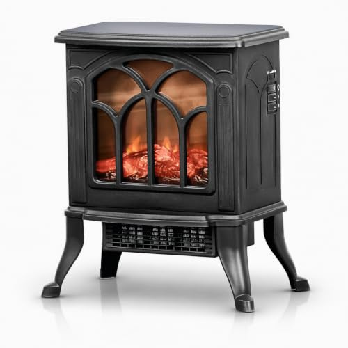STATUS 1500W Flame-Effect Stove Heater, Freestanding Electric Fireplace with Adjustable Thermostat and Log Glow, Overheat and Tip-Over Protection, Black (SFH-15001PKB)