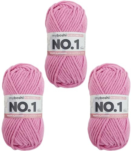 myboshi No.1 Wolle zum Häkeln und Stricken, Schnellstrickgarn, langlebige Mützenwolle, Strickwolle, Häkelwolle, mulesing-frei, 50g, Ll 55m Rosa (Kirschblüte) 3 Knäuel