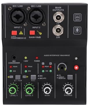 Asixxsix Mixer Audio a 2 Canali, Scheda Audio Mini DJ con Jack Combinato Alimentazione Phantom USB MP3 48V, per Podcasting di Registrazione Dal Vivo in Studio (BLACK)