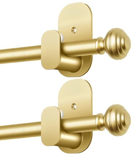 KAMANINA 2 Pack Curtain Rods No Drilling for Windows 16 to 30 Inches, 5/8 Inch Diameter Adjustable Single Curtain Poles with Adhesive Brackets, Gold