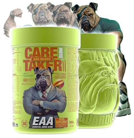 Zoomad Labs CARETAKER® II EAA GLOW – Aminoácidos Esenciales EAA + Glutamina con BioPerine® | Recuperación Muscular, Intra Entreno| Aminoácidos en Polvo | 30 Servicios | Bote 3D - Sabor Mad Mango