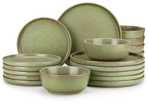 vancasso Zermatt 18 Pieces Dinner Set for 6, Reactive Glaze Stoneware Plates and Bowls Set, Green Crockery Set with Dinner Plates, Dessert Plates & Cereal Bowls, Microwave & Dishwasher Safe