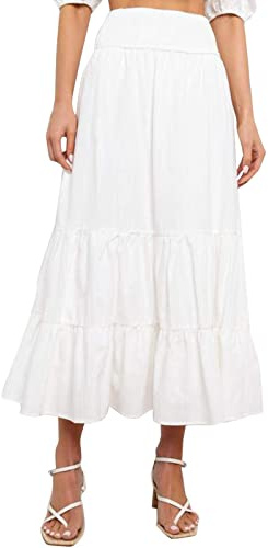 Genérico Falda larga elegante para mujer con costura plisada y cintura alta cómoda de algodón elástico, blanco, S