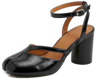 Ojiaoer Women’s Chunky Black High Heel Split Toe Pumps, Ankle Strap Slingback Dress Heels