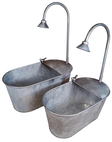 colourliving Zinkwanne Set Verzinkt Badewannen-Optik, 2 Pflanzwannen mit Dusch-Deko und Dekovogel, Pflanzwanne Metall für Garten Terrasse Balkon, Vintage Landhaus Deko, Silber