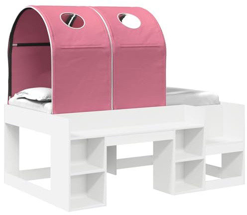 mtlskopl Bett mit Tunnel für Kinder und Jugendliche, Autobett 163x108.5cm, Stabiles Jugendbett aus Holzwerkstoff mit Lattenrost und 3 Regalen, Modernes Spielbett für Mädchen, Weiß und Rosa