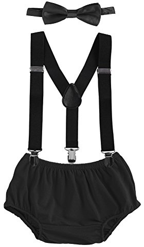 Baby Boys Cake Smash Clothes Diaper Suspenders Pants Bow Tie 3PCS Set First 1st 2nd Birthday Outfit for Photo Prop Party Black 3-24 Months