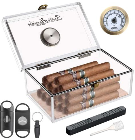 Scotte Acryl Zigarre Humidor Jar/Etui/Box mit Luftbefeuchter und Hygrometer, Humidor, der ungefähr 20 Zigarren aufnehmen kann (Clear-1)