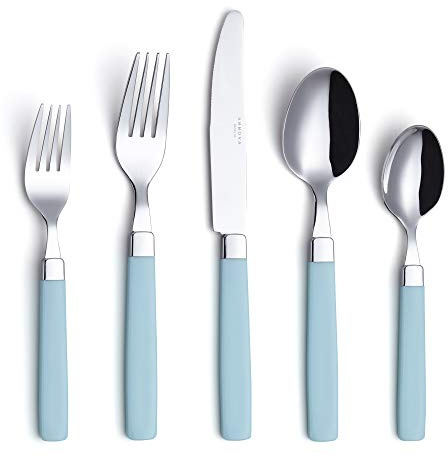 ANNOVA Juego de cubiertos de acero inoxidable, mangos de colores, tenedores, tenedores de ensalada, cuchillo de mesa, cucharada y cucharadita (Turquesa, 20 piezas)