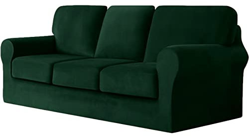 UNBBRRL 7-Piece Stretch Velvet Sofa Couch Covers, 3 Seater Couch Slipcover With Separate Backrests And Cushions Covers With Elastic Band Anti-Slip Furniture Protector For Home Hotel (Dark green)