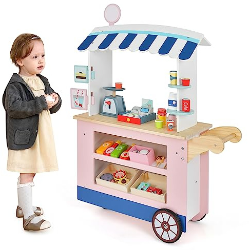 COSTWAY Kaufladen Kinder, Kaufmannsladen Holz mit 2 Ablagen, Schiebegriff & Zubehör, Einkaufsladen auf 3 Rädern inkl. Getränkeregal, Waage & POS Maschine, für Kinder ab 3 Jahren (Rosa)