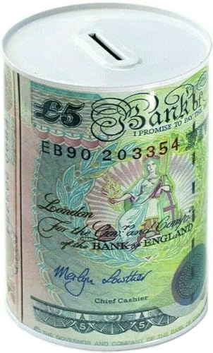 MEA Pound Notes Design Money/Cash Box Tin £5, £10, £20, £50 GBP | Savings Cash Tin for Kids & Adults | Piggy Bank with UK Banknote Print | Multicolour & Size Cash Storage (£5 Design, Small)