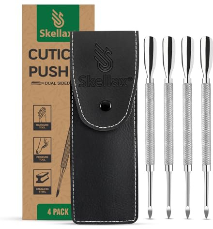 Skellax 4PCS Cuticle Pusher Double Ended Sharp Edge Spoon Shaped Set, Salon Quality Stainless Steel Metal Manicure Pedicure Nail Polish Remover Cleaner Tools for Fingernails Toenails