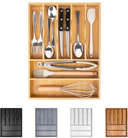 Bellsal Bamboo Silverware Drawer Organizer, Kitchen Utensil Drawer Organizers, 12x15.7 Utensils Holder Cutlery Tray with Grooved Drawer Dividers for Kitchen Flatware Bedroom Office(7 Slot, Natural)