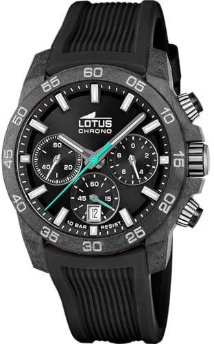 LOTUS Reloj Hombre Analógico de Caucho Negro - Movimiento de Cuarzo - Cronógrafo - Calendario - Cristal Mineral de Alta Resistencia - Resistente al Agua 10 ATM 18974/3 Chrono