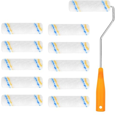 NCZCDZSW Paint Roller Wall Paint 10 Pieces 100 mm Microfibre Painter Rolls with Comfortable Non-Slip Handle Polyester Short Pile Paint Roller for Facade Paints Building Decoration Wall Paint