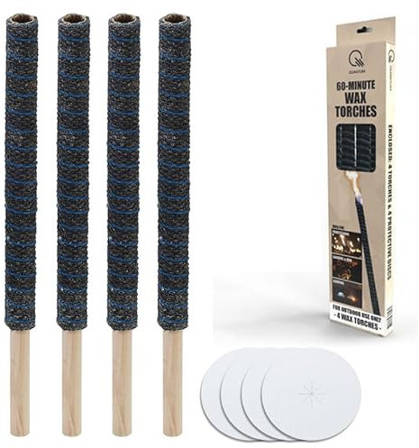 Pack of 4 Natural Wax Torches | 50cm Long with a 60 Minute Burning Time | Hand Guard Drip Disks Included | Great for Processions, Halloween, Hiking, Garden Parties, BBQ and Camp Fires