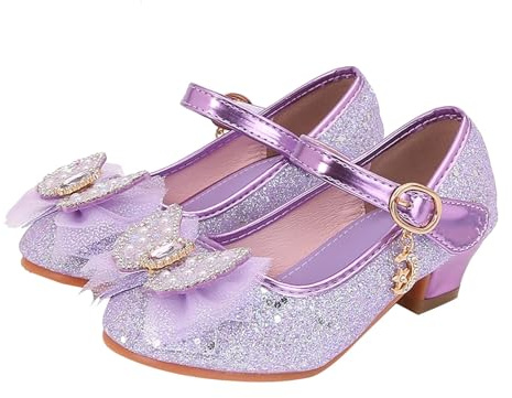 Girls High Heel Dress Shoes Mary Jane Princess Wedding Party Sparkly Bow Shoes for Kids Girls Heels Princess Shoes Birthday Dress Heels Shoes for Wedding Dancing Party (Purple, 37)
