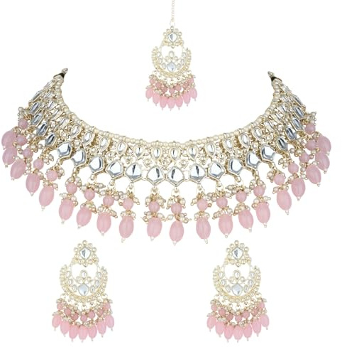 I Jewels Indische Hochzeit Bollywood Kundan & Perle Choker Halskette Schmuck mit baumelnden Ohrringen & Maang Tikka für Frauen (K7261Pi)