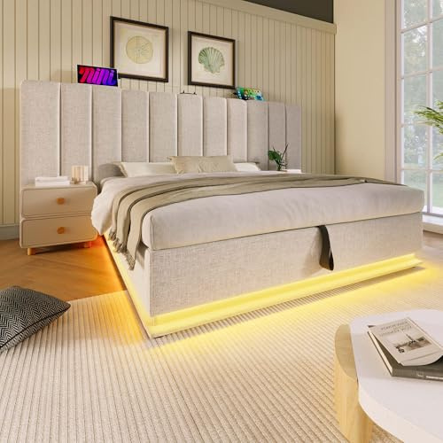 Moimhear Letto imbottito matrimoniale, letto contenitore con controllo App LED e funzione di ricarica USB-C, in lino, senza materasso e comodino, beige, 180 x 200 cm