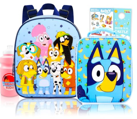 Bluey Mini mochila con juego de lonchera – Paquete con mini mochila de 11 pulgadas, bolsa de almuerzo, calcomanías, botella de agua, más | Mochila escolar Bluey y lonchera para niños pequeños, Varios
