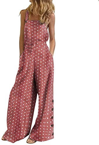YIzdegg Jumpsuit Women's Summer Printed Polka Dot Dungarees Sleeveless Summer Leg Jumpsuit Wide Leg Women's Jumpsuit Soft and Breathable Romper Side Button Loose One Piece with Pockets, pink, S
