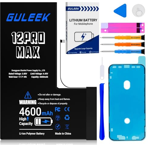 GULEEK Batterie pour iPhone 12 Pro Max, 4600mAh Haute Capacité Réelle, Kit Remplacement Complet avec Outils et Guide