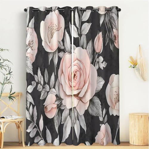 GSAEIMCT Blush Powder Rose Leaves Curtains W 66 X L 90 Eyelet 90% Blackout 3D Garden Plants Bedroom Window Drapes Man Boys Printed Living Room Window Treatment Fabric 2 Panels