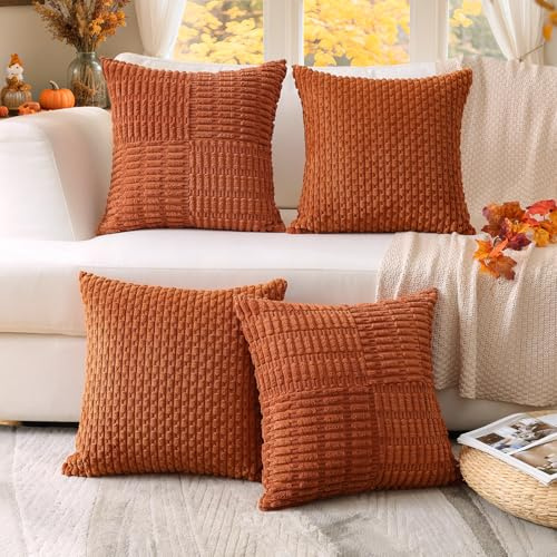 Sungeek 4er Set Cord Kissenbezüge Herbst, Dekorativ Zierkissenbezüge Weich Kissenbezug Dekokissen Sofakissen Boho Deko Bezug Kissenhülle für Wohnzimmer (Gestreifte Kreuz Kordsamt, 50x50 cm)