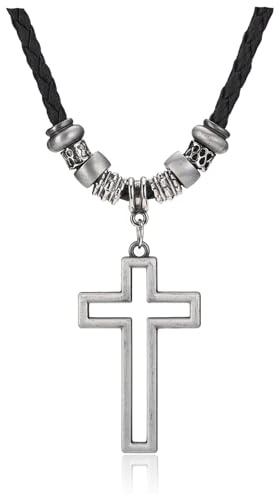 JOVIVI Mens Cross Necklace for Men Jewellery,Stainless Steel Silver Cross Pendant Leather Necklace for Boys Men's Surfer Beach Necklaces Christian Gifts