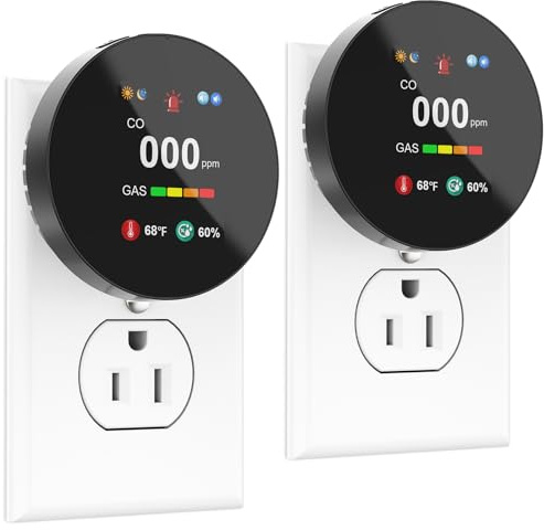 4-in-1 Carbon Monoxide & Gas Detector Plug in, Combination Natural Gas Leak & Carbon Monoxide Alarm, Dual Sensor CO & Gas Detector with Temperature & Humidity, 2 Packs