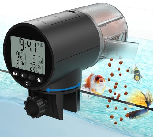 JuzPetz Automatisk fiskmatningsdispenser för akvarium, batteridriven automatisk fiskmatare för akvarium, 200 ml digital matdispenser med LCD-skärm semestertimer, batterier ingår, svart