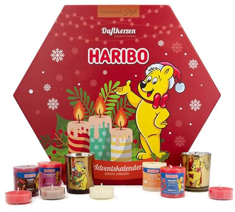 Haribo Advent Calendar Scented Candles, 10 Votive Candles, 12 Tea Lights, Duroplast & Glass, Paraffin Wax, Colourful