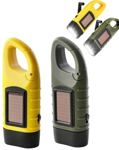 Pnoyws 2 Pack Wind Up Solar Torch, LED Rechargeable Camping Flashlight Hand Crank Solar Powered Torch Super Bright Portable Emergency Light with Carabiner Hook for Outdoor Hiking Survival Gear