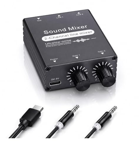 Mixer audio stereo a 2 canali, mini mixer audio da 3,5 mm con 2 ingressi e 1 uscita, alimentato tramite USB a 5 V, con doppio controllo del volume e alloggiamento in alluminio per cuffie