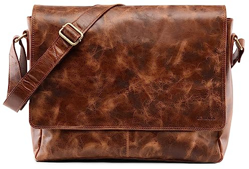LEABAGS Oxford axelväska läder laptopväska 15 tum av äkta buckle-läder i vintage look, (LxBxH): ca 38 x 10 x 31 cm, - Brun möter pälsdjur - Medium