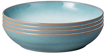 Denby - Azure Haze Blue Pasta Bowls Set of 4 - 1050ml Large Stoneware Ceramic Bowls For Pasta Dishes - Dishwasher Safe, Microwave, Freezer Safe - Blue, White Reactive Gradient Glaze - Chip Resistant