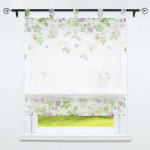 CORLIF Raffrollo mit Schlaufen Gardinen Küche Raffgardinen Transparent Schlaufenrollo Vorhänge mit Schmetterling-Dekomuster Modern Voile Weiß BxH 140x140cm 1 Stück