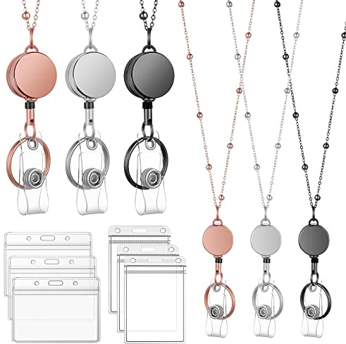 Cobee 3 st/set infällbar märkesrulle snodd med ID-hållare, halsband snodd med transparent ID-korthållare och nyckelring, vattentät namnkorthållare (roséguld, svart, silver)