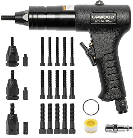 Pneumatic Rivet Nut Gun with 1/4-20, 5/16-18 & 3/8-16 Nose-Piece and Mandrels,Air Rivet Nut Pull Setter Tool, Quick-Change Nose-Piece Assembly, 5pcs Mandrels Included with Each Size