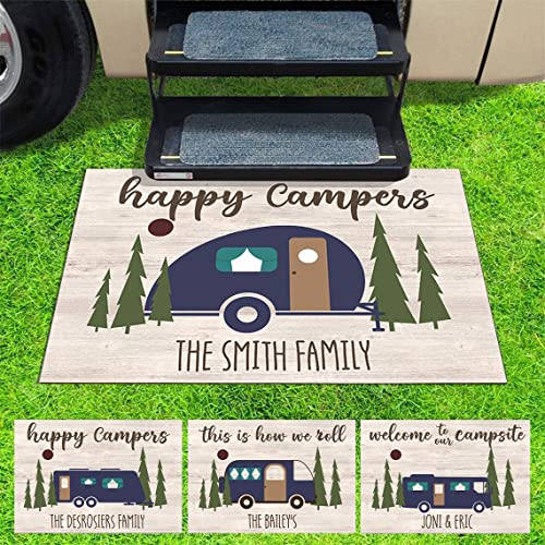 Personalized Happy Campers RV Doormat - Custom Family Name Camping Door Mat Accessories for Inside Outside Campsite Decorations Travel Trailers Funny Gift Welcome Motorhome Rugs Decor, X-Large